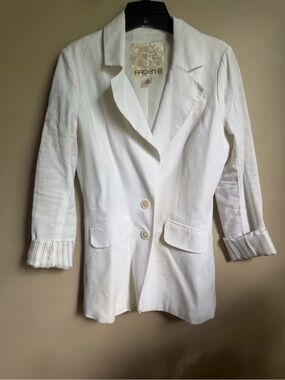 Arden B White Tailored Linen-Blend Blazer with Striped Cuffs